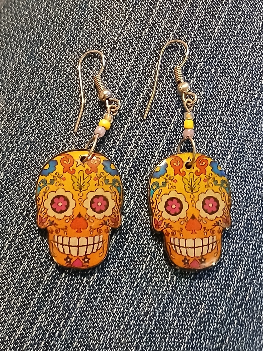 Handmade Sugar Skull Dangle Earrings Colorful Yellow Orange Blue Day of the Dead